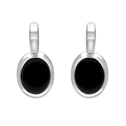 Sterling Silver Whitby Jet Oval Drop Earrings. e2036.