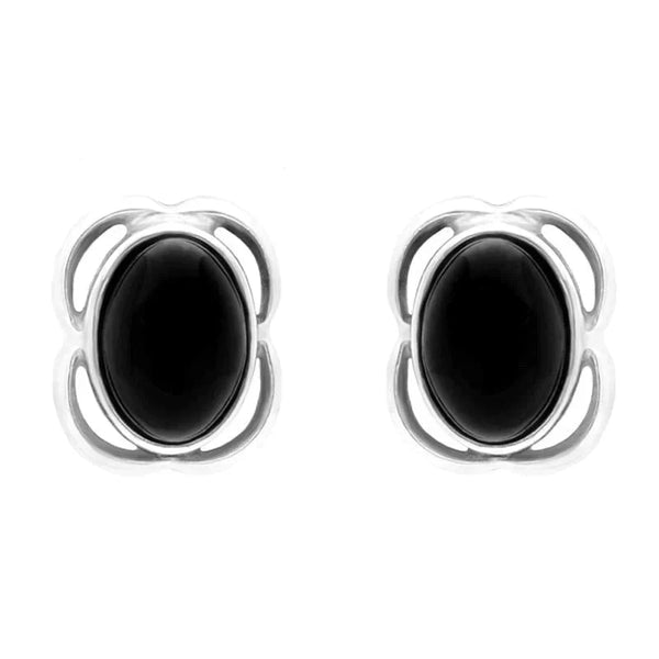 Sterling Silver Whitby Jet Oval Flower Stud Earrings. E2038. 
