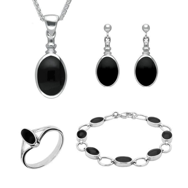 Sterling Silver Whitby Jet Oval Four Piece Set. S019 