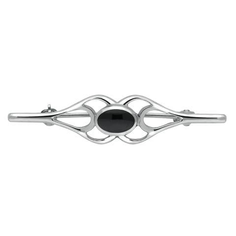 Sterling Silver Whitby Jet Oval Pierced Spoon Brooch. M227.