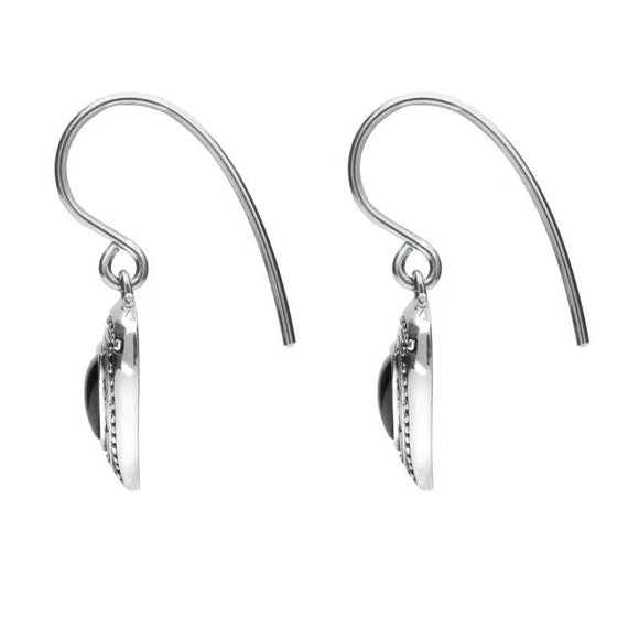 Sterling Silver Whitby Jet Oxidised Shield Drop Earrings. E1915.