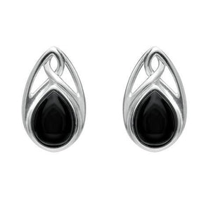 Sterling Silver Whitby Jet Pear Shaped Celtic Stud Earrings. E973.