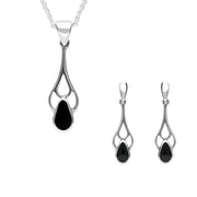 Sterling Silver Whitby Jet Pear Shaped Spoon Necklace and Earring Set S050
