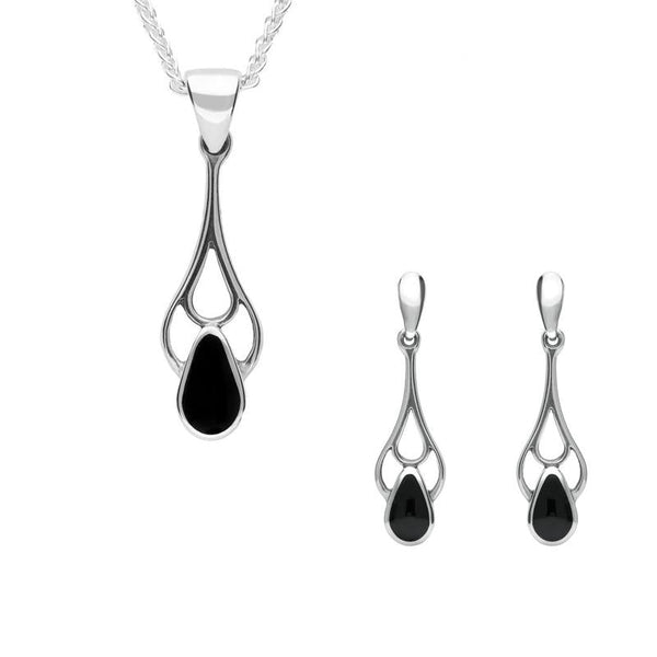 Sterling Silver Whitby Jet Pear Shaped Spoon Necklace and Earring Set S050