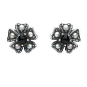 Sterling Silver Whitby Jet & Pearl 5 Petal Stud Earrings. E1697