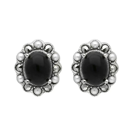 Sterling Silver Whitby Jet Pearl Marcasite Oval Beaded Edge Stud Earrings E1694