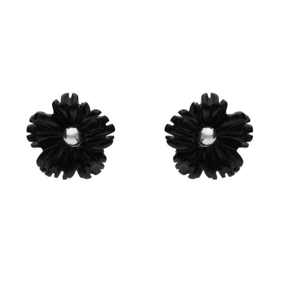Sterling Silver Whitby Jet Tiny Petal Stud Earrings. E1329.