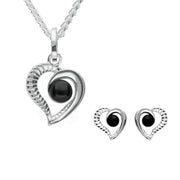 Sterling Silver Whitby Jet Ridged Heart Two Piece Set. S021