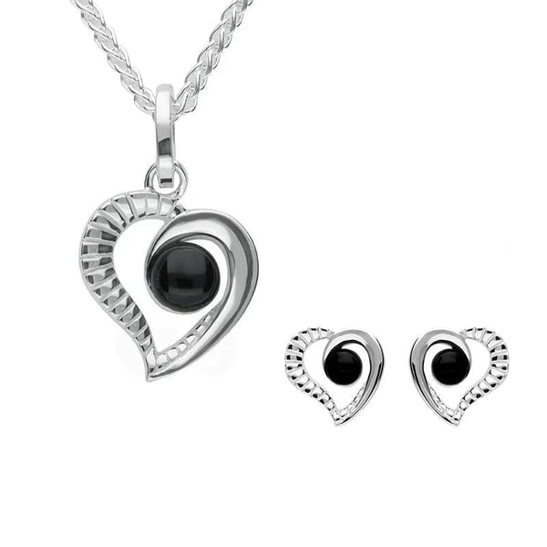 Sterling Silver Whitby Jet Ridged Heart Two Piece Set. S021