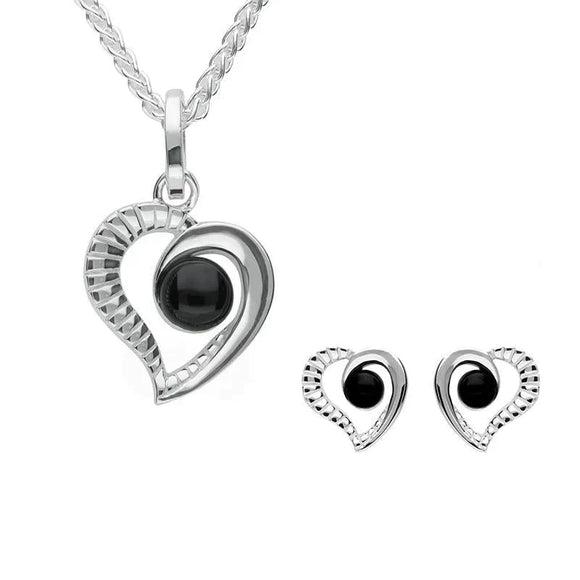 Sterling Silver Whitby Jet Ridged Heart Two Piece Set. S021