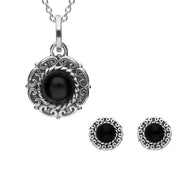Sterling Silver Whitby Jet Rope Edge Beaded Two Piece Set