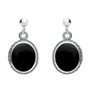 Sterling Silver Whitby Jet Rope Edge Oval Drop Earrings. E010. 