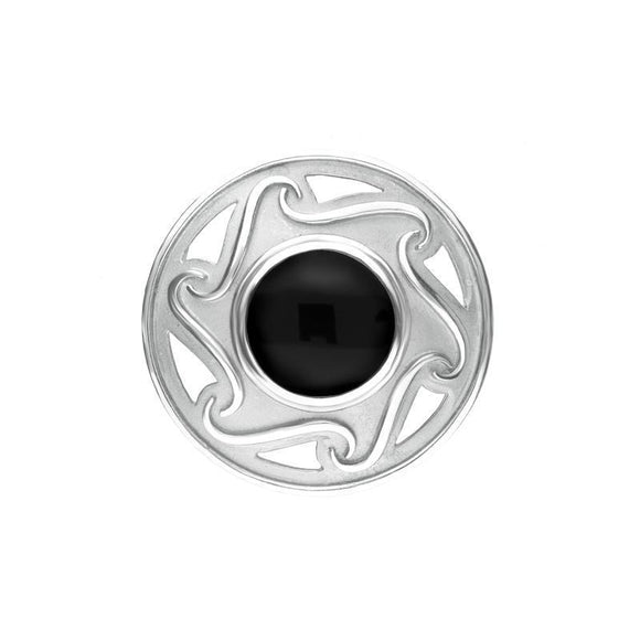 Sterling Silver Whitby Jet Round Celtic Framed Brooch. m197.