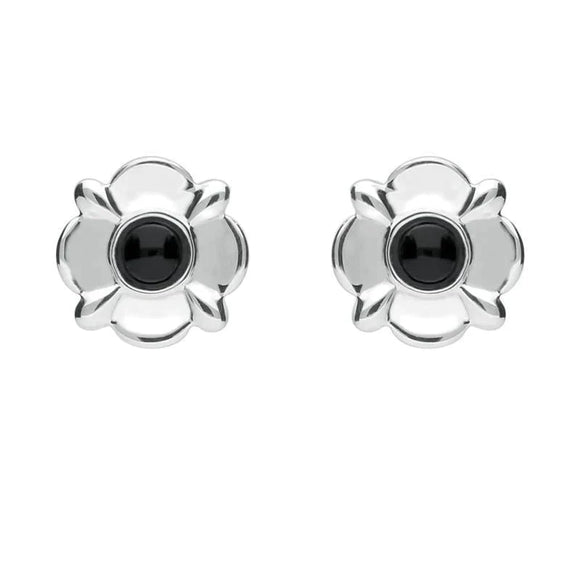 Sterling Silver Whitby Jet Round Four Petal Flower Two Piece Set. S028