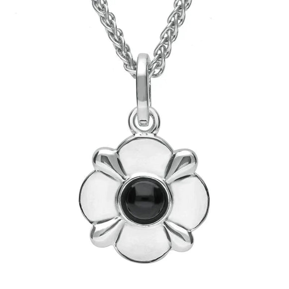 Sterling Silver Whitby Jet Round Four Petal Flower Two Piece Set. S028