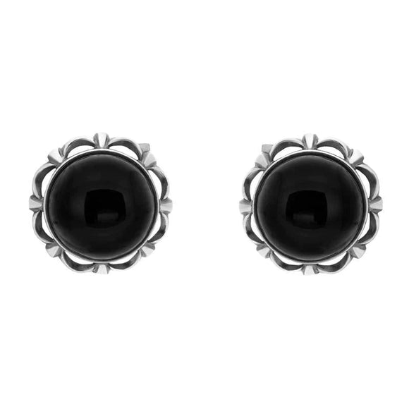 Sterling Silver Whitby Jet Round Frill Edge Stud Earrings. e1099.