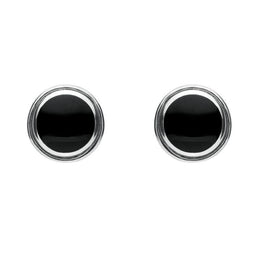 Sterling Silver Whitby Jet Round Plain Edged Stud Earrings. E179.