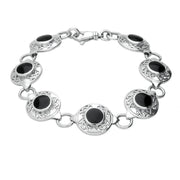 Sterling Silver Whitby Jet Seven Stone Round Celtic Bracelet B200