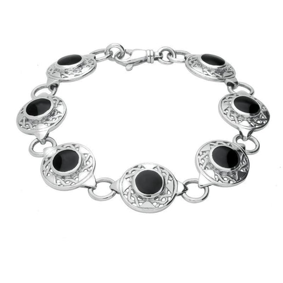 Sterling Silver Whitby Jet Seven Stone Round Celtic Bracelet B200