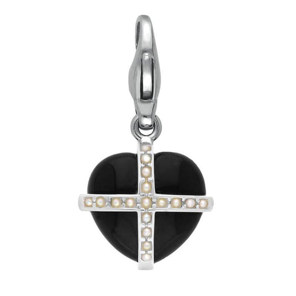 Sterling Silver Whitby Jet Seventeen Pearl Small Cross Heart Charm G770