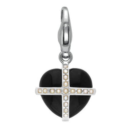 Sterling Silver Whitby Jet Seventeen Pearl Small Cross Heart Charm G770
