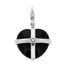 Sterling Silver Whitby Jet & Single Pearl Medium Cross Heart Charm. G765