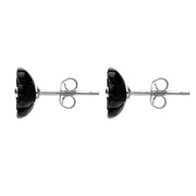 Sterling Silver Whitby Jet Small 5 Petal Carved Stud Earrings. E1327.