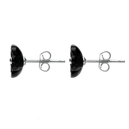 Sterling Silver Whitby Jet Small 5 Petal Carved Stud Earrings. E1327.