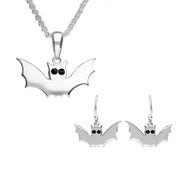 Sterling Silver Whitby Jet Small Bat Two Piece Set