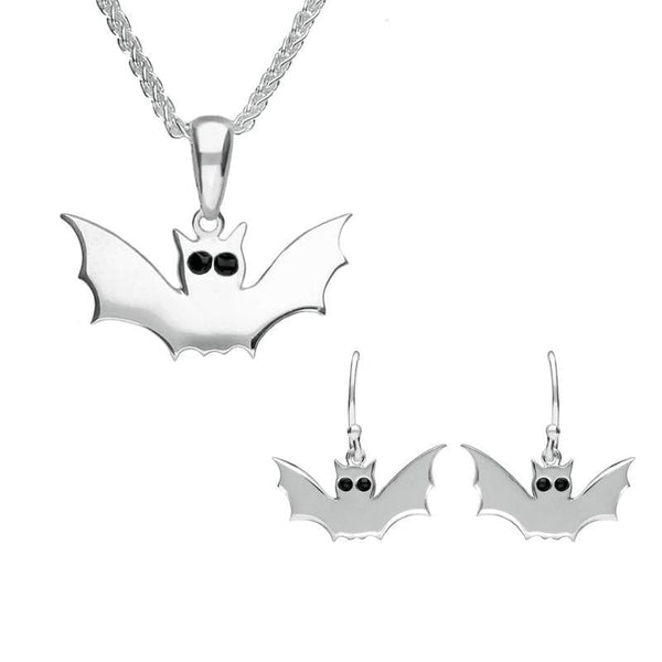Sterling Silver Whitby Jet Small Bat Two Piece Set