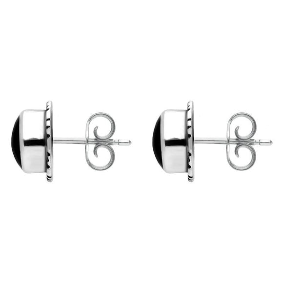 Sterling Silver Whitby Jet Small Circle Rope Edge Stud Earrings. E137.