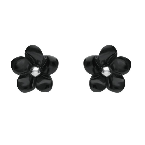 Sterling Silver Whitby Jet Small Flower Stud Earrings. E1324.