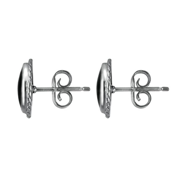 Sterling Silver Whitby Jet Small Oval Rope Edge Stud Earrings. E137.