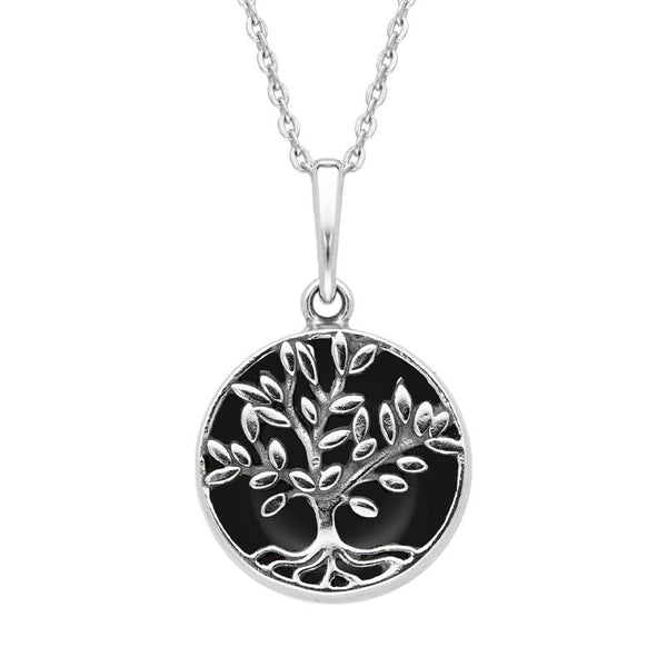 Sterling Silver Whitby Jet Small Round Large Leaves Tree of Life Necklace P3340