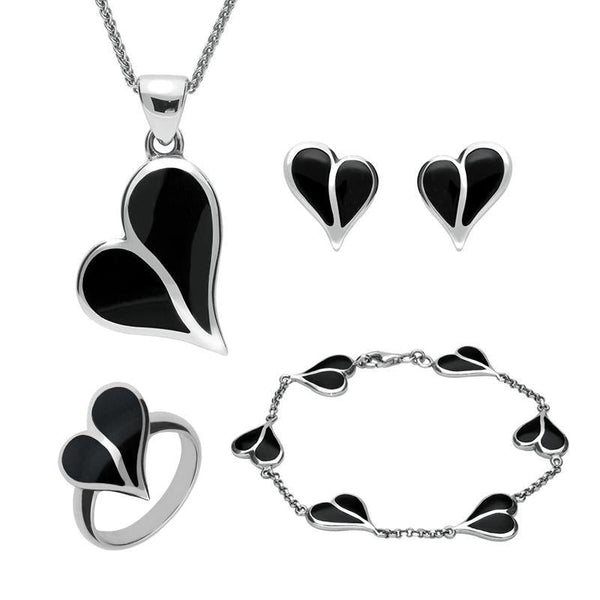 Sterling Silver Whitby Jet Split Heart Four Piece Set. S006 