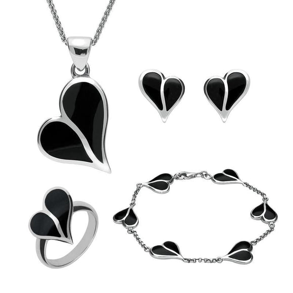 Sterling Silver Whitby Jet Split Heart Four Piece Set. S006 