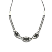 Sterling Silver Whitby Jet Three Stone Marquise Foxtail Necklace. N967