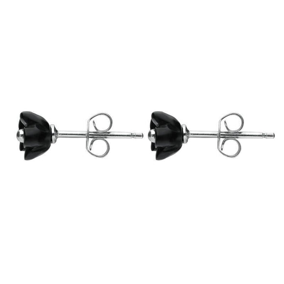 Sterling Silver Whitby Jet Tiny Petal Stud Earrings. E1325.