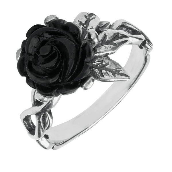 Sterling Silver Whitby Jet Tuberose Rose Leaf Twist Ring R728
