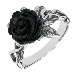 Sterling Silver Whitby Jet Tuberose Rose Leaf Twist Ring R728