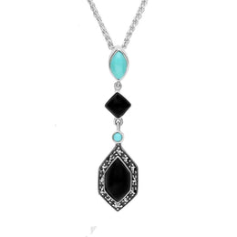 Sterling Silver Whitby Jet Turquoise and Marcasite Framed Necklace P2211
