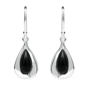 Sterling Silver Whitby Jet Wide Edge Pear Hook Earrings E2312