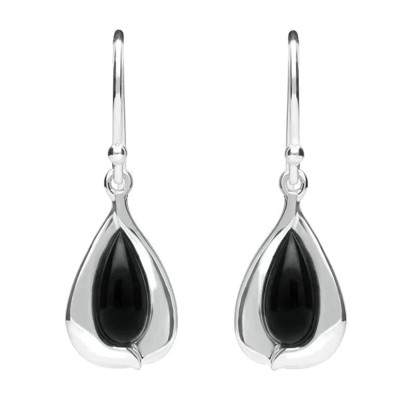 Sterling Silver Whitby Jet Wide Edge Pear Hook Earrings E2312