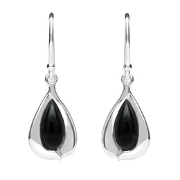 Sterling Silver Whitby Jet Wide Edge Pear Hook Earrings E2312
