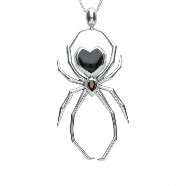 Sterling Silver Whitby Jet and Garnet 100mm Spider Egg Bale Necklace. P2823
