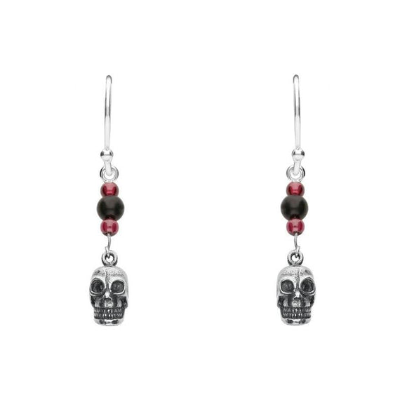 Sterling Silver Whitby Jet and Garnet Mini Skull 3 Stone Drop Earrings. E1547.