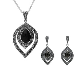 Sterling Silver Whitby Jet and Marcasite Fancy Pear Drop Two Piece Set