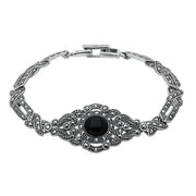 Sterling Silver Whitby Jet and Marcasite Fancy Tapered Bracelet. B880