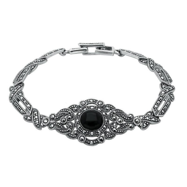 Sterling Silver Whitby Jet and Marcasite Fancy Tapered Bracelet. B880