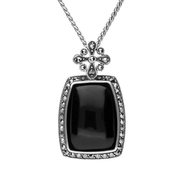 Sterling Silver Whitby Jet Marcasite Large Framed Oblong Necklace P2216